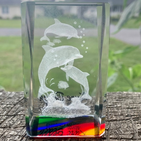 3D Laser Etched Crystal Cube Paperweight Dolphins Swimming Seaweed Kure Beach NC - Picture 5 of 13